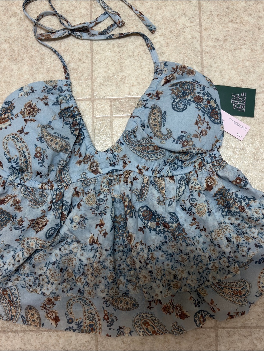 NWT Wild Fable Babydoll Top Blue Paisley Ruffled Padded W/Spaghetti Straps
